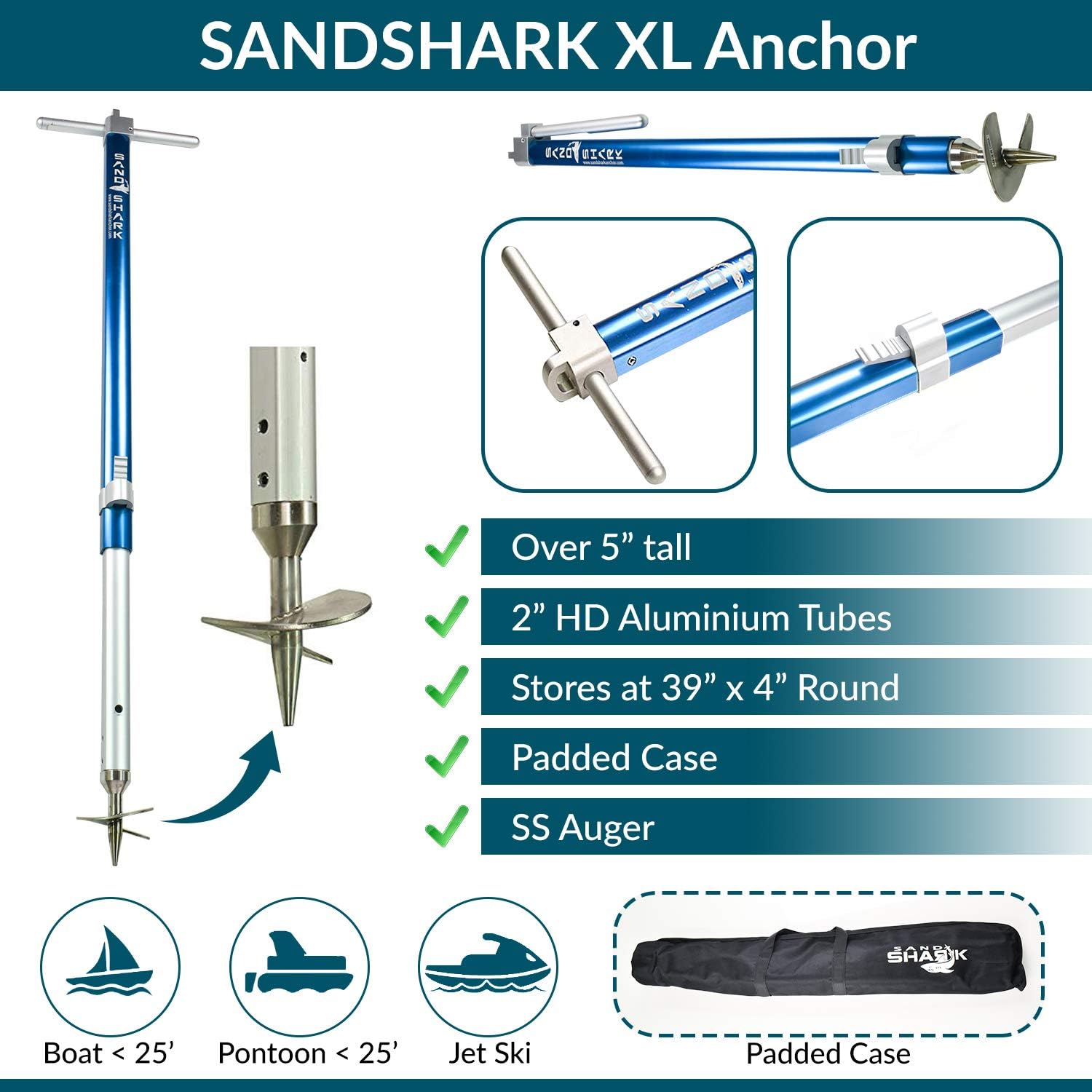 Ultimate XL Boat Sand Anchor by SandShark. Adjustable, Folds Up for Compact Storage. Screw Auger Design Holds & Protects Boats and Pontoons. Secures in Shallow Water, Beach, Sandbar w/Case - Image 2