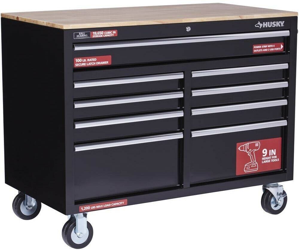 Husky 46 in. W x 24.5 in. D 9-Drawer Mobile Workbench with Solid Wood Top in - Image 6